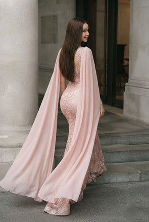 Sexy Dusty Rose Lace Mermaid Prom Dress with Unique Detachable Chiffon Cape ,OLP2340