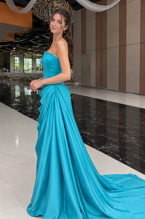 Classy Teal Strapless Ruched Satin A-Line Floor-Length Prom Dress,OLP2486