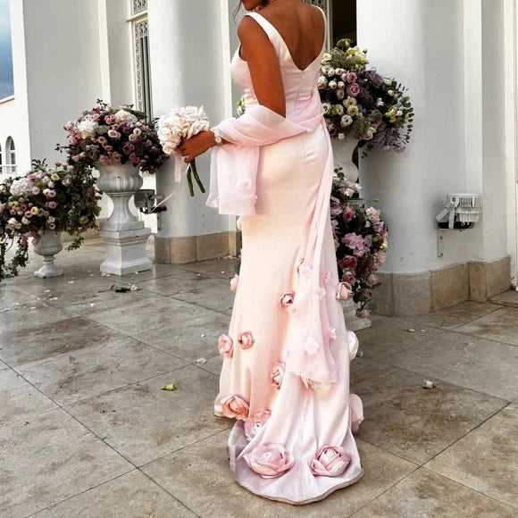 Elegant Pink Spaghetti Strap Mermaid Floral Long Prom Dress Ideas, Evening Party Dresses, OLP1396