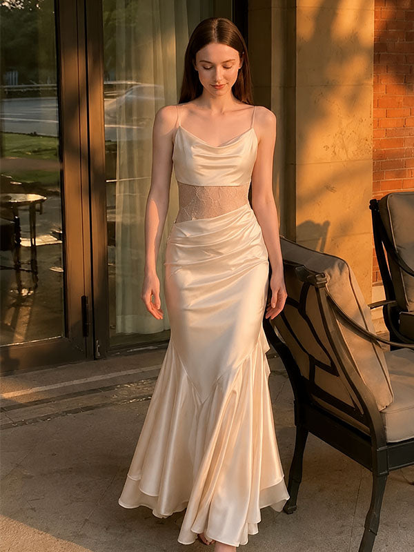 Modern Champagne Satin Mermaid Prom Dress Cowl Neck Beaded Waist Elegant Gown,OLP2320