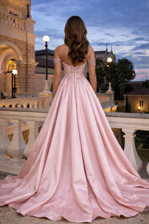 Sexy Off-Shoulder Pink Satin Prom Gown Beaded Corset High Slit,OLP2101