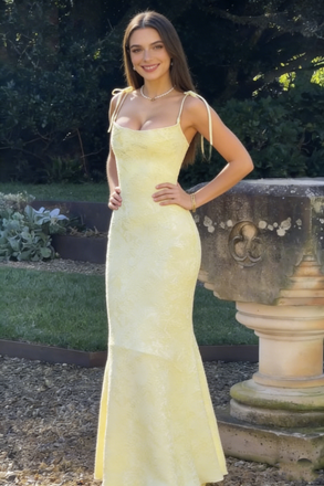 Elegant Yellow Mermaid Prom Dress Bow Shoulder Tie Straps Cowl Neck Formal Gown,OLP2151