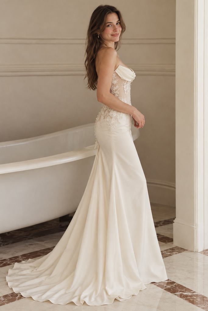 Classy Ivory Strapless Lace Corset Satin Mermaid Long Wedding Dresses,WD0679