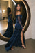 Elegant Navy Blue Off Shoulder Lace Long-Sleeve High Slit Prom Dress ,OLP2397