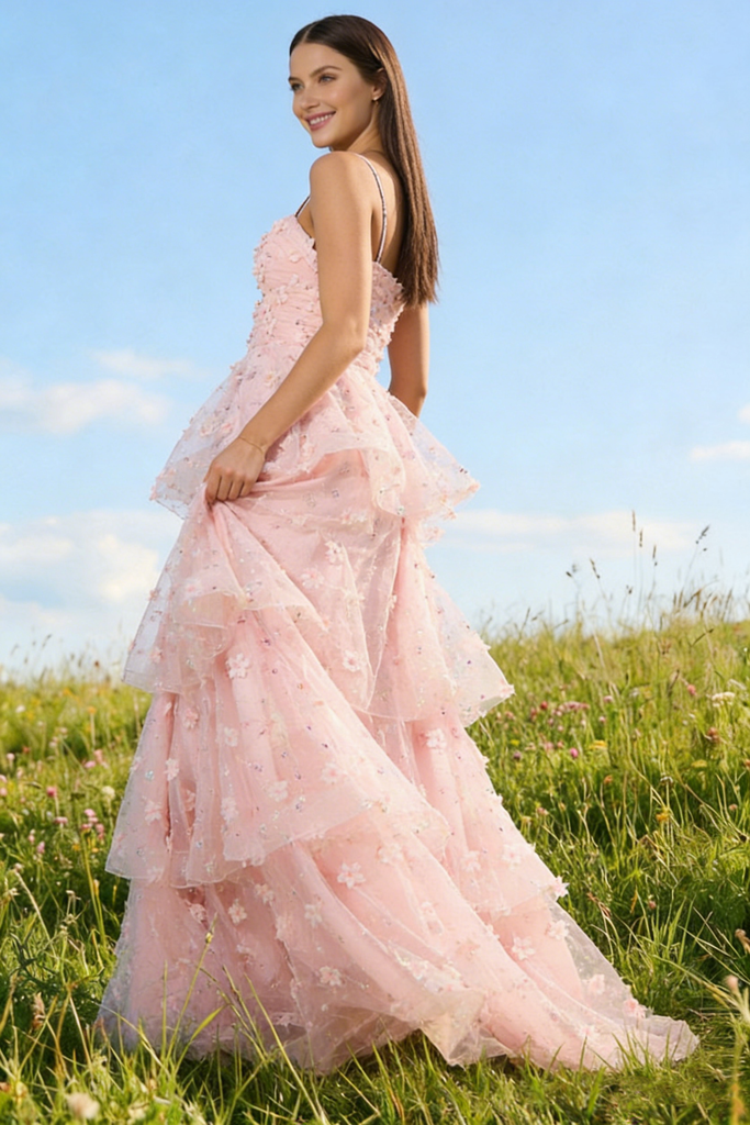 Pink Floral Tulle Prom Dress Tiered A-Line Cutout Bodice 3D Flower Gown,OLP2165