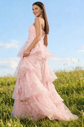 Pink Floral Tulle Prom Dress Tiered A-Line Cutout Bodice 3D Flower Gown,OLP2165