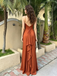 Sexy V Neck Spaghetti Strap Ruched Mermaid Prom Dress Rust Satin,OLP2326