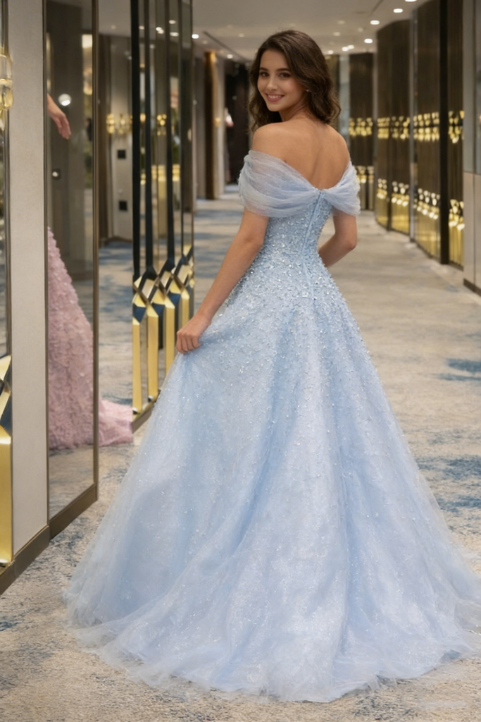 Sparkly Off Shoulder Light Blue Ball Gown Prom Dress Beaded Tulle,OLP1932