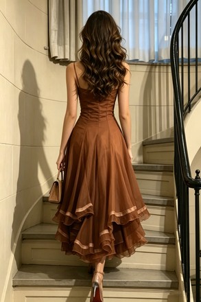 Vintage Unique Brown High Low Prom Dress with White Lace Bodice,OLP2184
