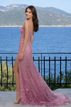 Sparkly Sequin Pink Mermaid Prom Dress Spaghetti Strap Lace Applique High Slit,OLP1962