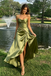 Elegant Olive Satin Cowl Neck Spaghetti Strap High Low Prom Dress，OLP2282