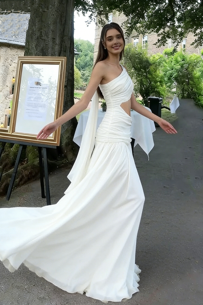 Unique White One Shoulder Prom Dress Cutout Ruched Chiffon Sexy Formal Gown,OLP2071