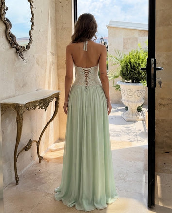 Modern Mint Green Lace Bodice Chiffon High Slit A-Line Prom Dress,OLP2390