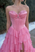Sexy Strapless Pink Ruffled Prom Dress Tiered Tulle Corset Ball Gown with Slit,OLP1846