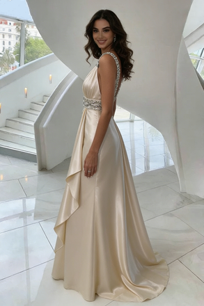Elegant Champagne Satin Prom Dress V-Neck Sleeveless Ruched Mermaid Gown,OLP2089