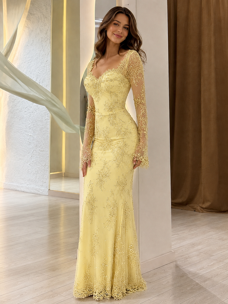 Stunning Yellow Sweetheart Long Sleeve Mermaid Prom Dress Floor Length Tulle Beaded Gown,OLP2400
