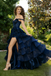 Unique Navy Tiered Prom Dress Off-Shoulder Lace Applique High Slit Gown,OLP2024