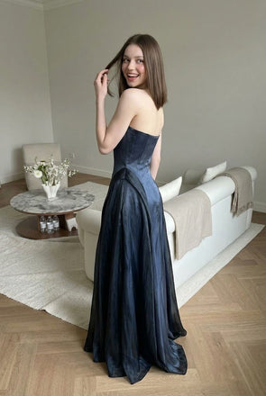 Modern Navy Strapless A-Line Evening Gown Classy Satin Floor Length Prom Dress,OLP2312