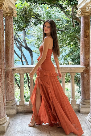 Stunning Burnt Orange Strapless Ruched Long Prom Dress Featuring Cascading Ruffle Slit,OLP2344