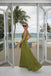Modern Olive Green Deep V Neck Sleeveless Maxi Prom Dress Sexy Ruched Chiffon Gown,OLP2384