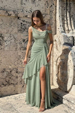 Sexy Sage Green One-Shoulder Slit Chiffon Modern Prom Dress,OLP2346