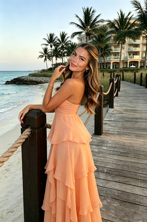 Modern Peach Pink Strapless Tiered Chiffon Long Prom Dress for Party,OLP2330