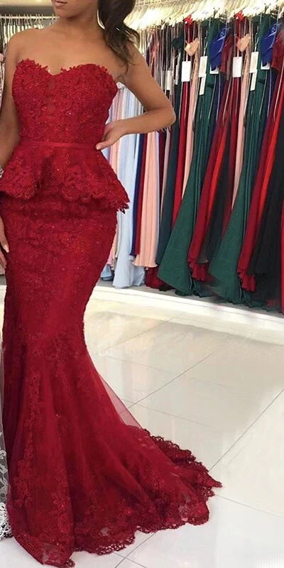 Sexy Applique Red Sweetheart Mermaid Long Prom Dress Ideas, Evening Party Dresses, OLP1497