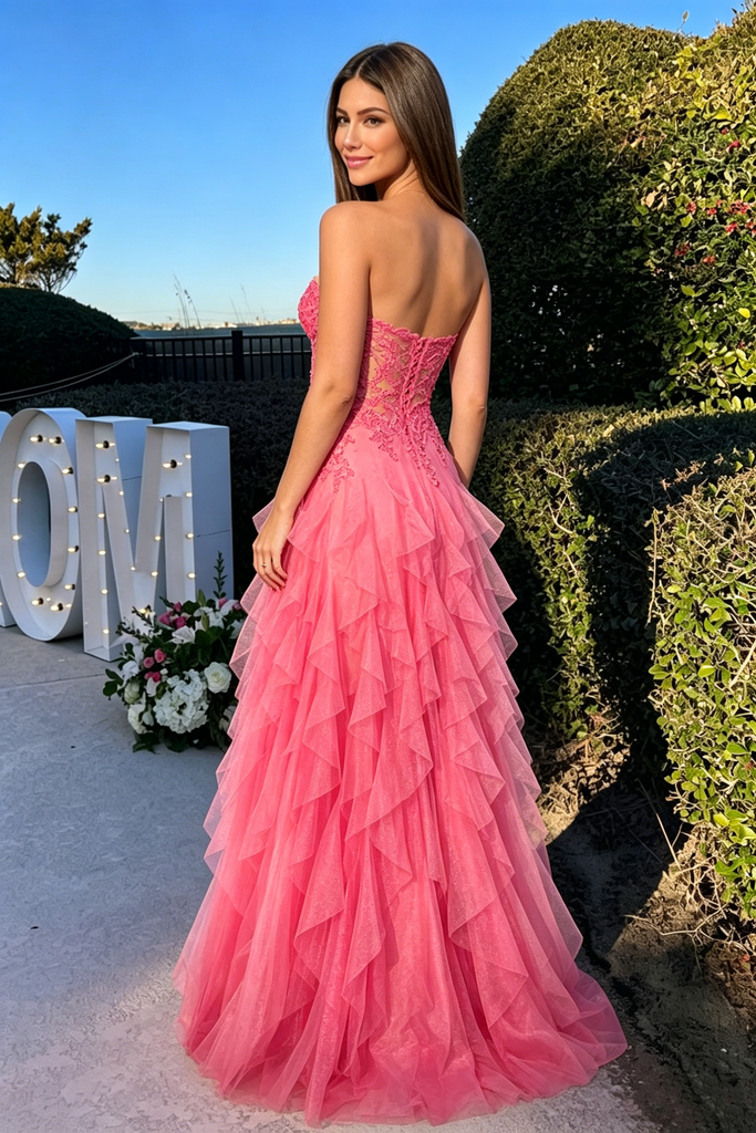 Hot Pink Prom Dress Sweetheart Corset Lace Tulle Tiered Ruffle Slit Floor Length,OLP2247
