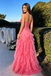 Hot Pink Prom Dress Sweetheart Corset Lace Tulle Tiered Ruffle Slit Floor Length,OLP2247