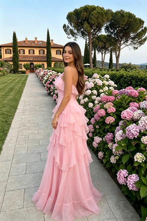 Sexy One Shoulder Pink Chiffon Prom Dress with Elegant Ruffle Layers ,OLP2235