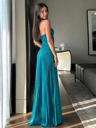 Elegant Strapless High Low Pleated Teal Chiffon Prom Dress,OLP2410