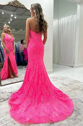 Unique Pink Lace Prom Gown with Sexy High Slit Halter V-Neck Sleeveless Mermaid Dress,OLP1743