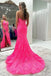 Unique Pink Lace Prom Gown with Sexy High Slit Halter V-Neck Sleeveless Mermaid Dress,OLP1743
