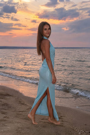Sexy Blue Sequin Halter Bodycon Gown Stunning Slit Prom Dress,OLP2343