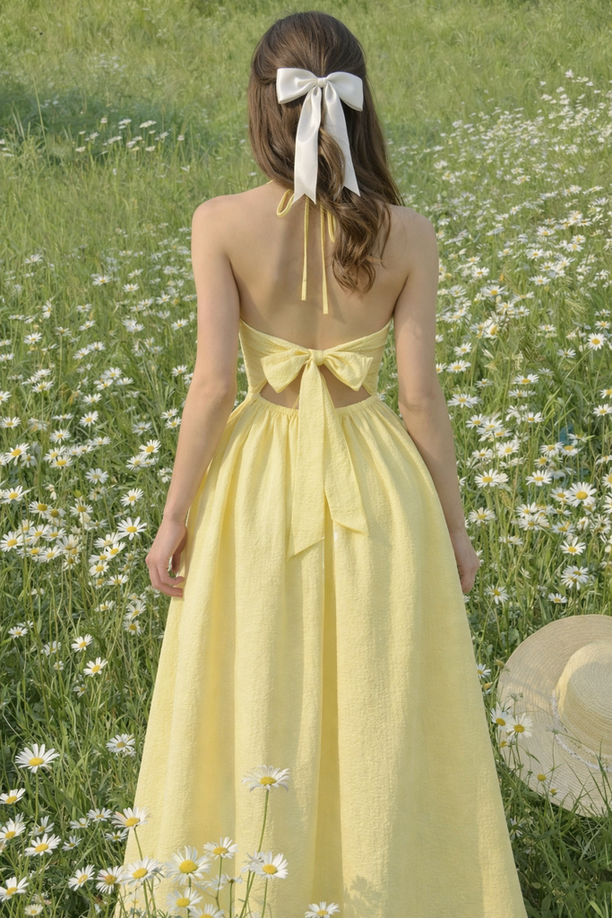 Yellow Halter A-Line Prom Dress Ruched Bodice Sun-Kissed Garden Gown,OLP2123