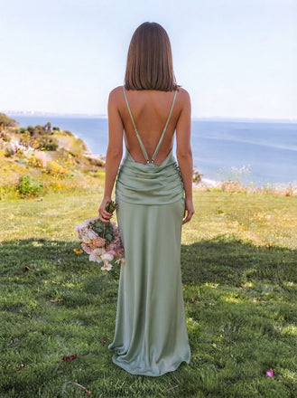 Stunning Sage Green Satin Maxi Prom Dress V-Neck Draped Waist Thigh Slit,OLP2381