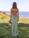 Stunning Sage Green Satin Maxi Prom Dress V-Neck Draped Waist Thigh Slit,OLP2381