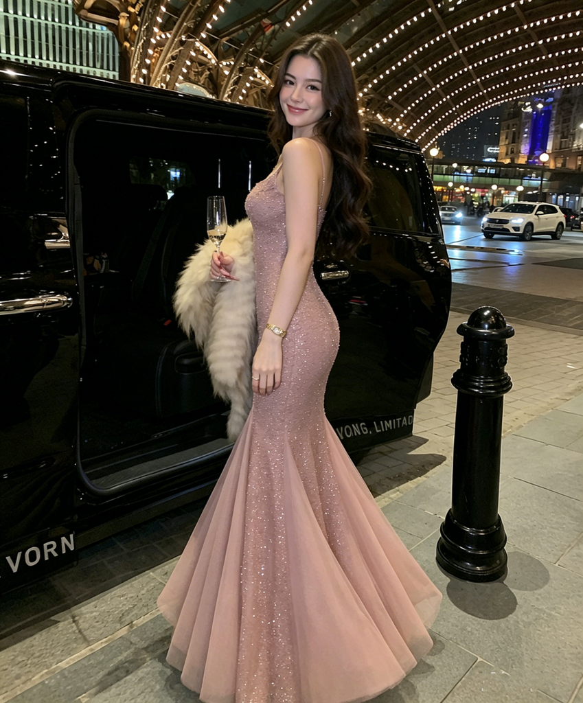 Stunning Pink Beaded Mermaid Prom Dress Modern Scoop Neck Floor Length Gown,OLP2285