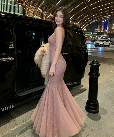 Stunning Pink Beaded Mermaid Prom Dress Modern Scoop Neck Floor Length Gown,OLP2285