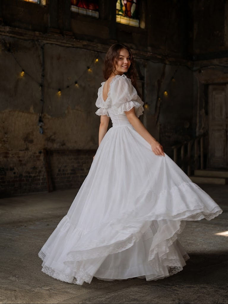Classy White Long Prom Dress Scoop Neck Short Puff Sleeve Tulle Gown,OLP2352