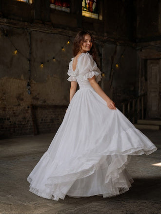 Classy White Long Prom Dress Scoop Neck Short Puff Sleeve Tulle Gown,OLP2352