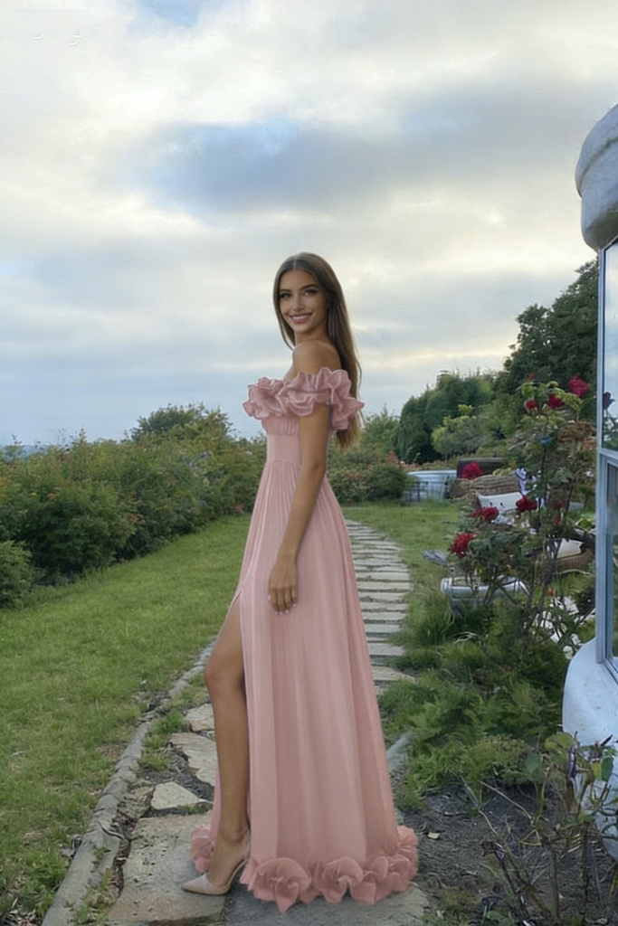Unique Off Shoulder Pink Prom Dress Ruffle Neckline Chiffon A Line High Slit Gown,OLP2054