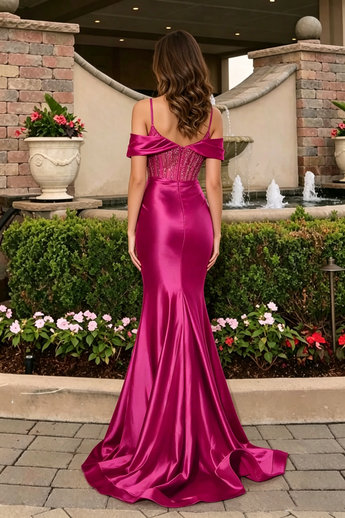 Sexy Fuchsia Off Shoulder Mermaid Prom Dress Ruched Satin Cold Shoulder Evening Gown,OLP2263