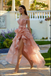 Unique Pink High Low Peach Prom Dress Off Shoulder Ruffle Tiered Skirt Organza,OLP1976