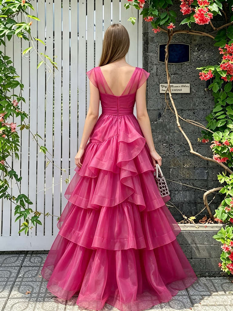 Stunning V-Neck Cap Sleeve Tiered Organza Long Evening Gown Pleated Prom Dress,OLP2345