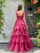 Stunning V-Neck Cap Sleeve Tiered Organza Long Evening Gown Pleated Prom Dress,OLP2345