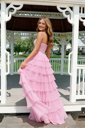 Elegant A-line Ruffled Chiffon High Split Pink Formal Evening Dress,OLP2161