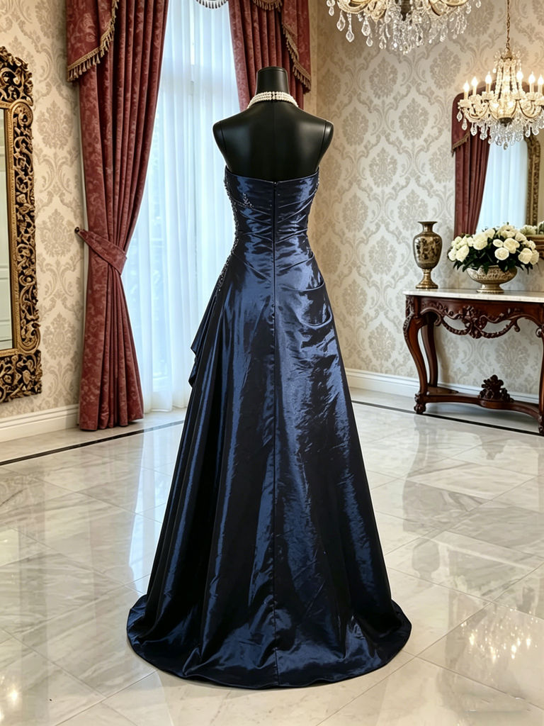 Unique Navy Blue Strapless Beaded Taffeta Mermaid Prom Dress for Fancy Events,OLP2226