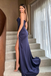 Sexy Navy Blue Sequin Prom Dress Spaghetti Strap Corset Bodice High Slit Gown,OLP2234