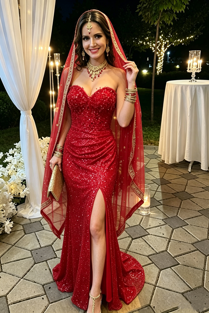 Sexy Red Sequin Mermaid Prom Dress Strapless High Slit Floor Length Evening Gown,OLP2277